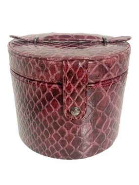 Carpisa Faux Leather Alligator Emboss Travel Round Jewelry Case Mirror Fuzz Line